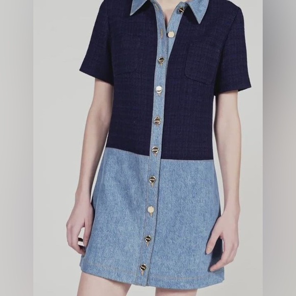 NWT Sandro Brooke Mixed Media Shirt Dress Size US 2 / FR 34 Blue Tweed and Denim - Picture 3 of 16
